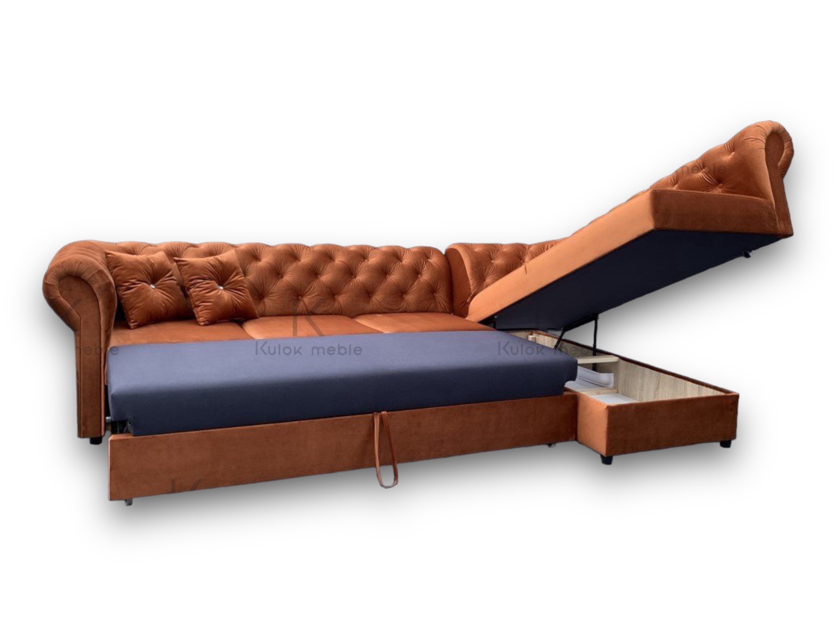 Rudy narożnik Chesterfield pikowany klasyczny do salonu z funkcją spania i pojemnikiem schowkiem na pościel wymiary